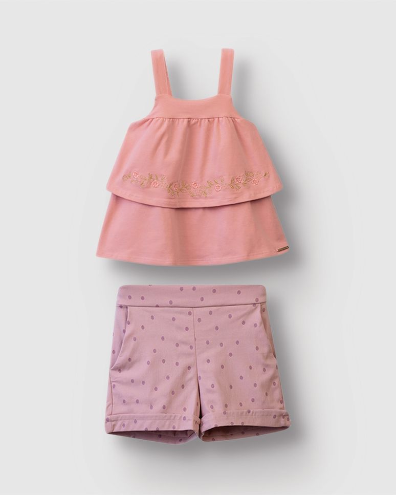 Conjunto Menina Regata Com Bordado E Shorts Estampa Poá - Carinhoso