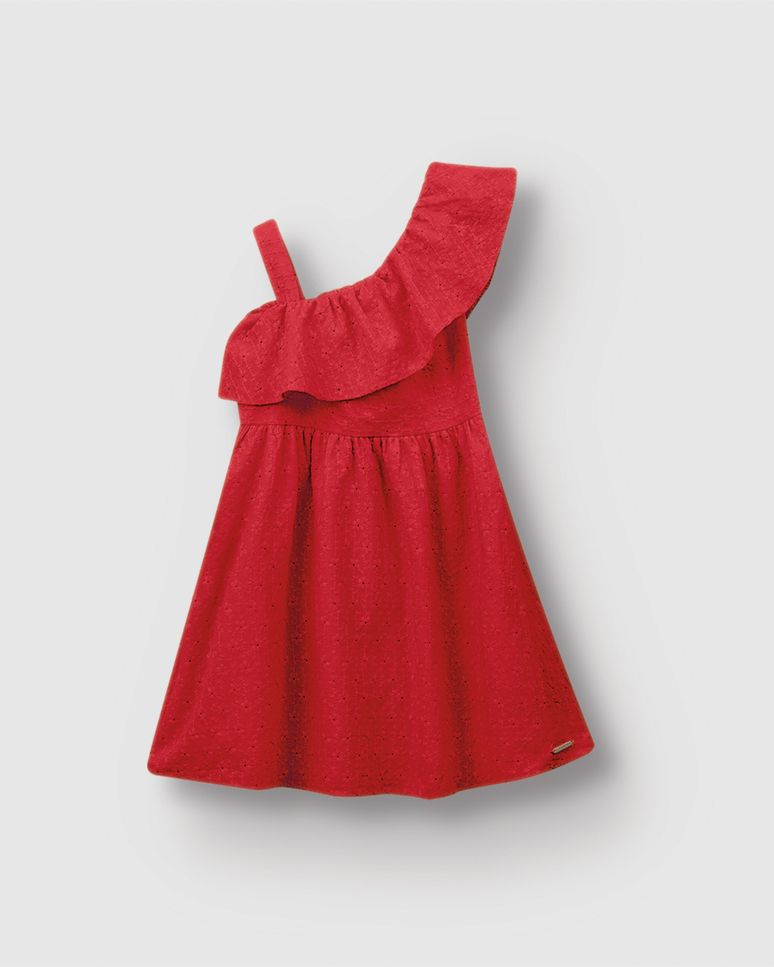 Vestido Menina Acinturado Alça E Babado Em Tecido Bordado - Carinhoso