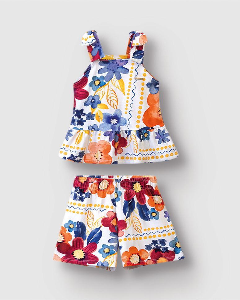 Conjunto Menina Blusa Peplum E Shorts Estampa Floral Em Algodão - Carinhoso