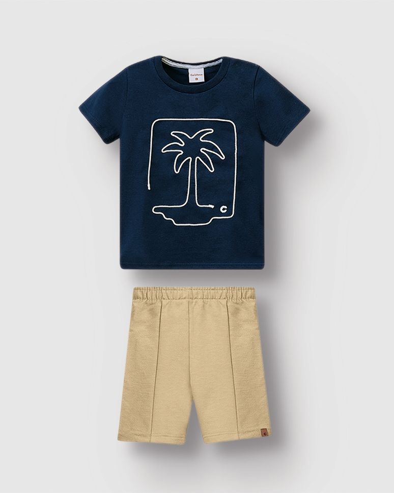 Conjunto Menino Camiseta Estampa Bordada Coqueiro Em Algodão - Carinhoso