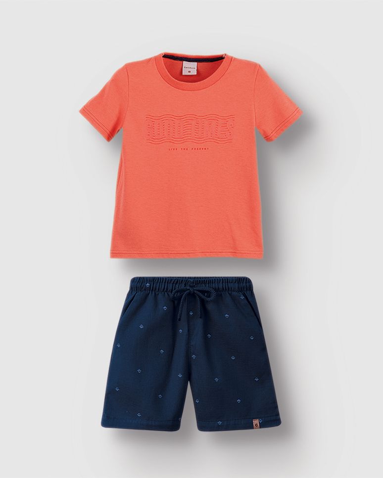 Conjunto Menino Bermuda Com Estampa Em Algodão Texturizado - Carinhoso