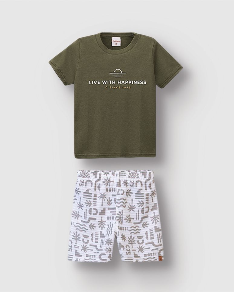Conjunto Menino Bermuda Estampada Em Moletinho Listrado Linho - Carinhoso
