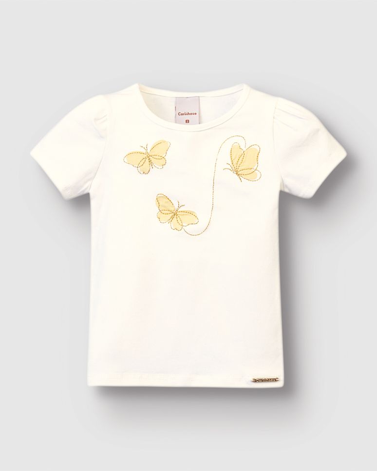 Blusa Menina Bordado Com Aplique Borboletas Em Algodão - Carinhoso