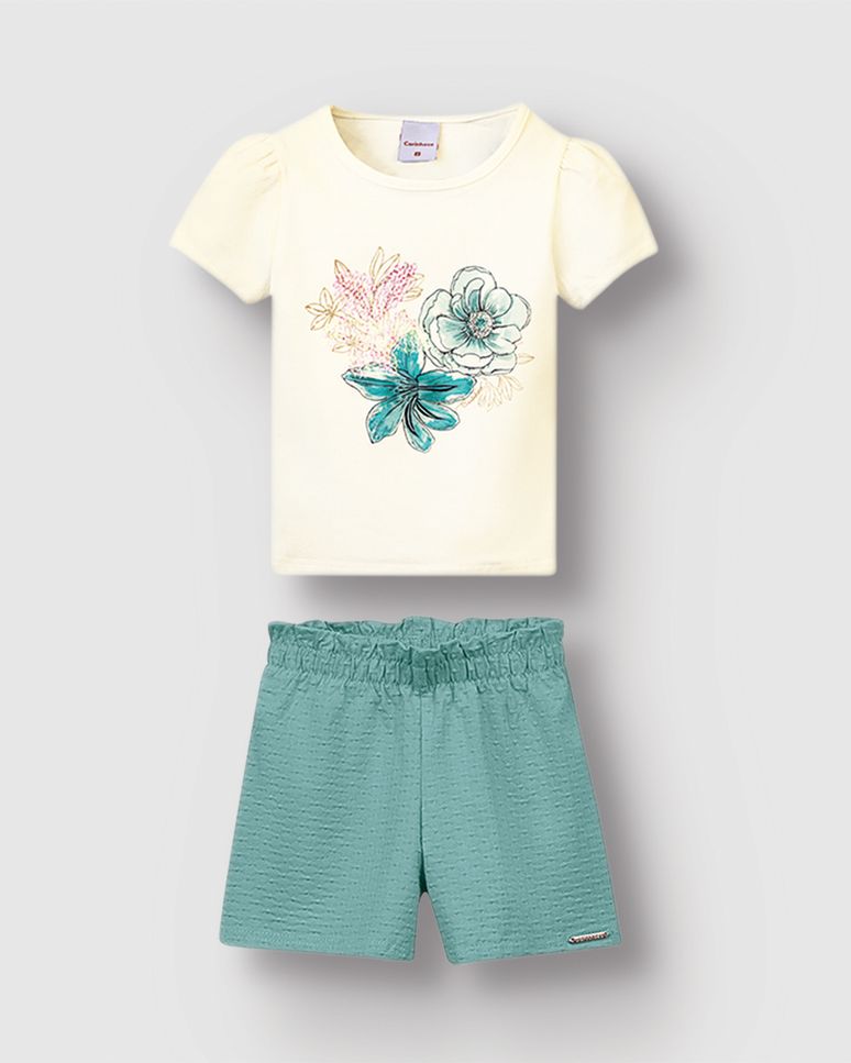 Conjunto Menina Blusa Estampa Flores Bordado Lantejoula - Carinhoso