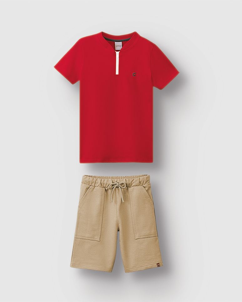 Conjunto Menino Camiseta Abertura Frontal Por Zíper Em Algodão - Carinhoso
