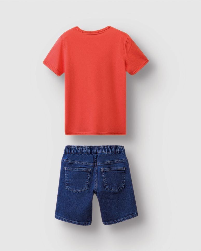 Conjunto Menino Camiseta Estampa Efeito HD E Bermuda Em Jeans - Carinhoso