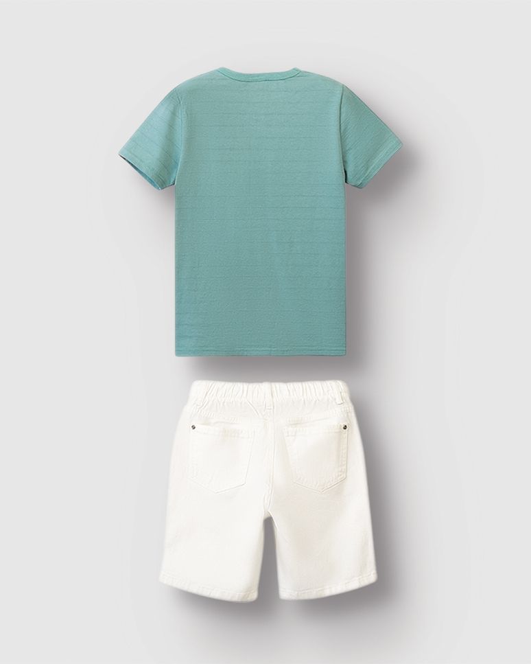 Conjunto Menino Camiseta Bordado Frontal Malha Linho Texturizada - Carinhoso
