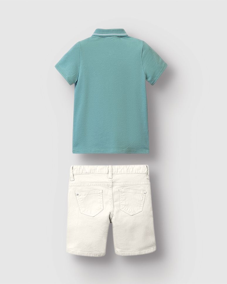 Conjunto Menino Camisa Polo Peitilho E Bordado Frontal Em Algodão - Carinhoso