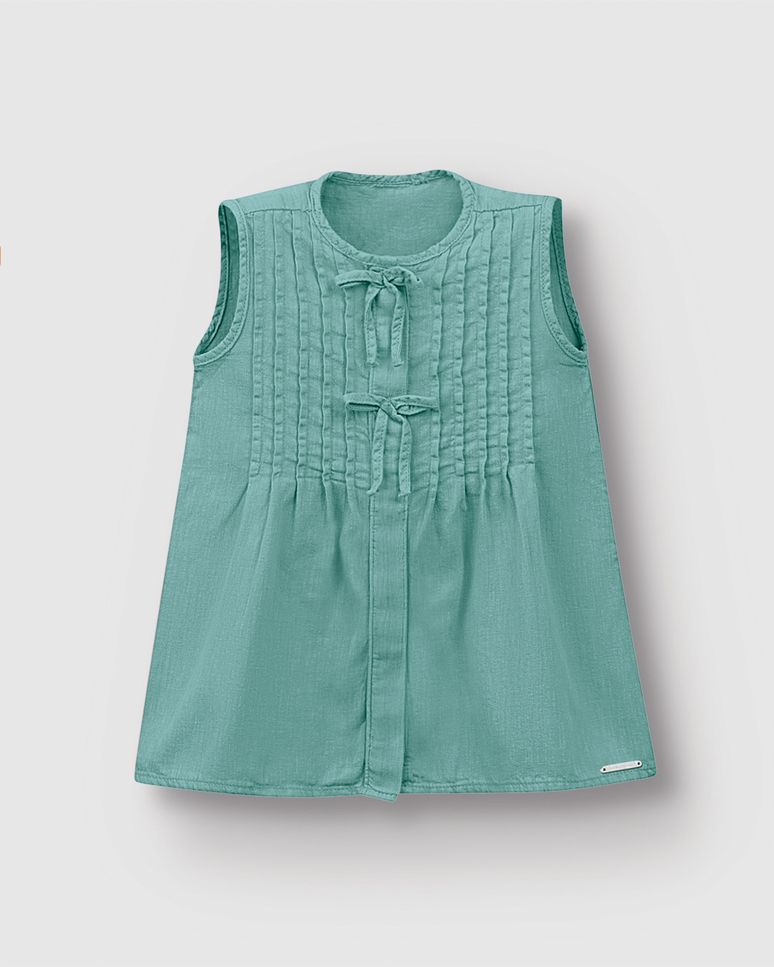 Vestido Menina Evasê Detalhe Laços Frontais Em Jeans Leve - Carinhoso