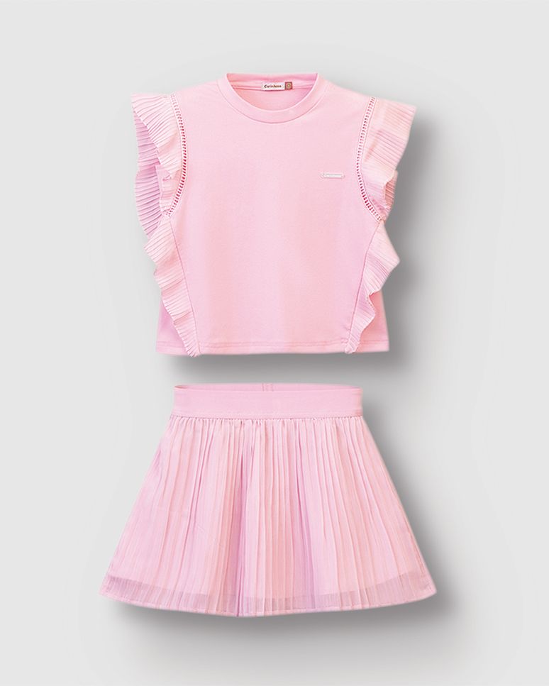 Conjunto Menina Blusa Malha Algodão E Saia Plissada Em Chiffon - Carinhoso