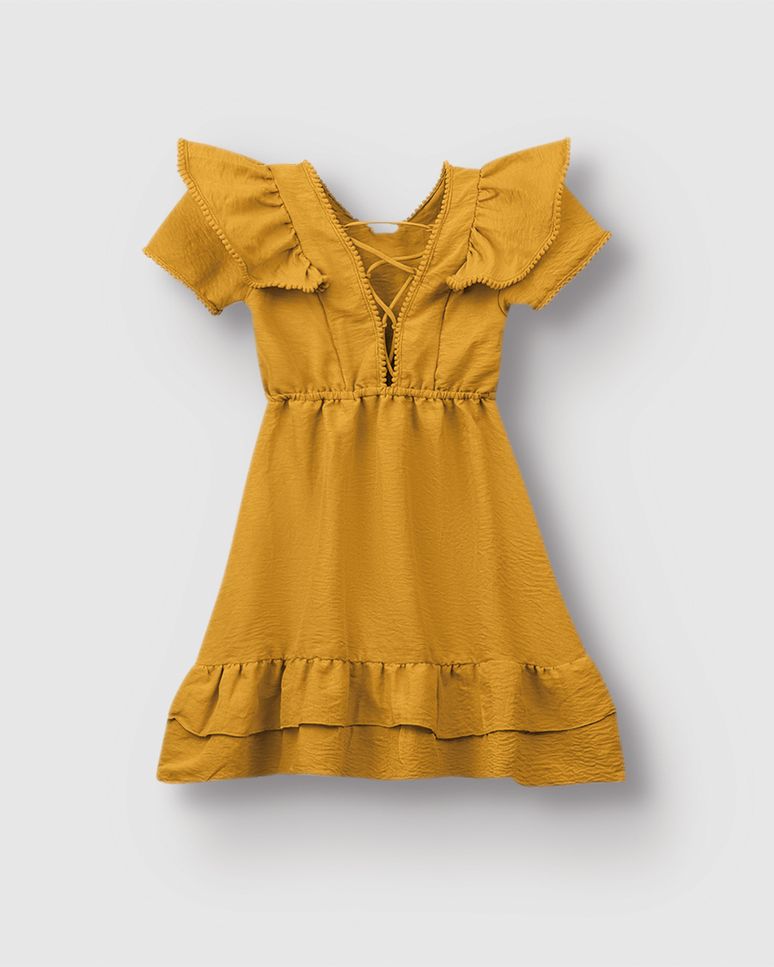 Vestido Menina Babado Frontal E Abertura Trançada Costas Em Crepe - Carinhoso