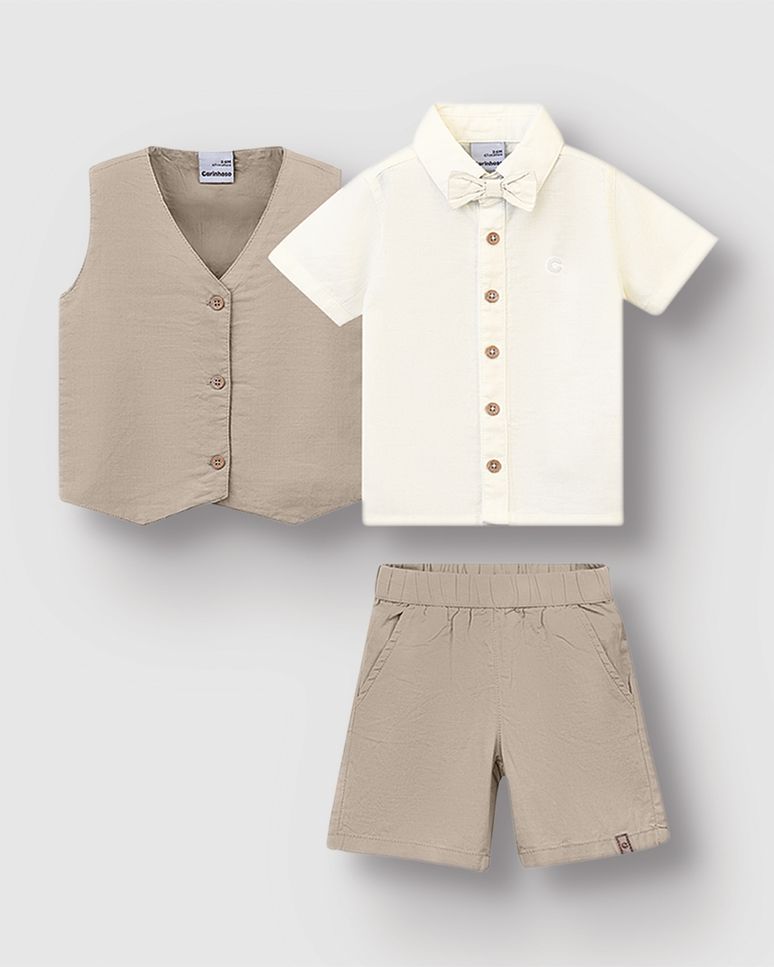 Conjunto Bebê Menino Colete + Camisa E Bermuda Em Tecido Plano - Carinhoso