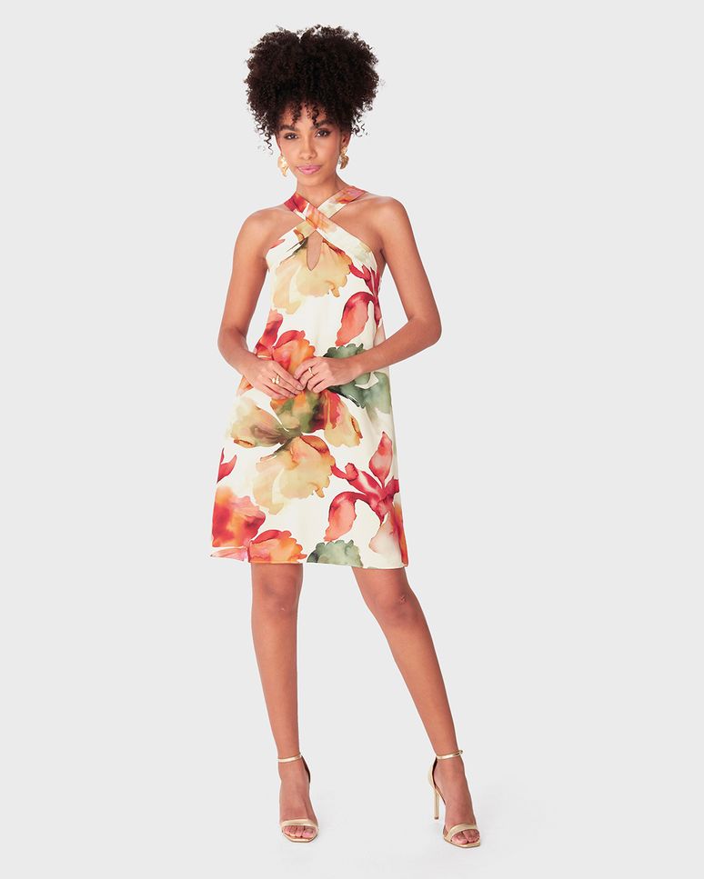 Vestido Feminino Evasê Floral Alça Cruzada Frontal Em Viscose - ENFIM