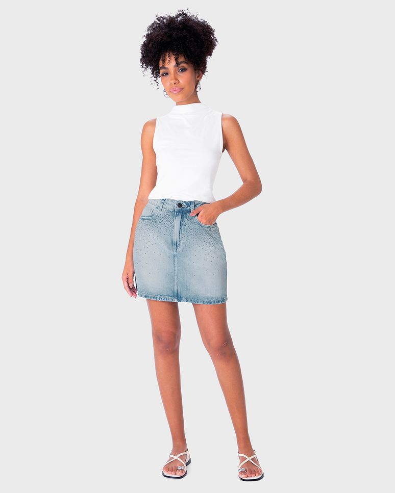 Saia Evasê Feminina Aplique Termocolante Em Jeans Stretch - ENFIM