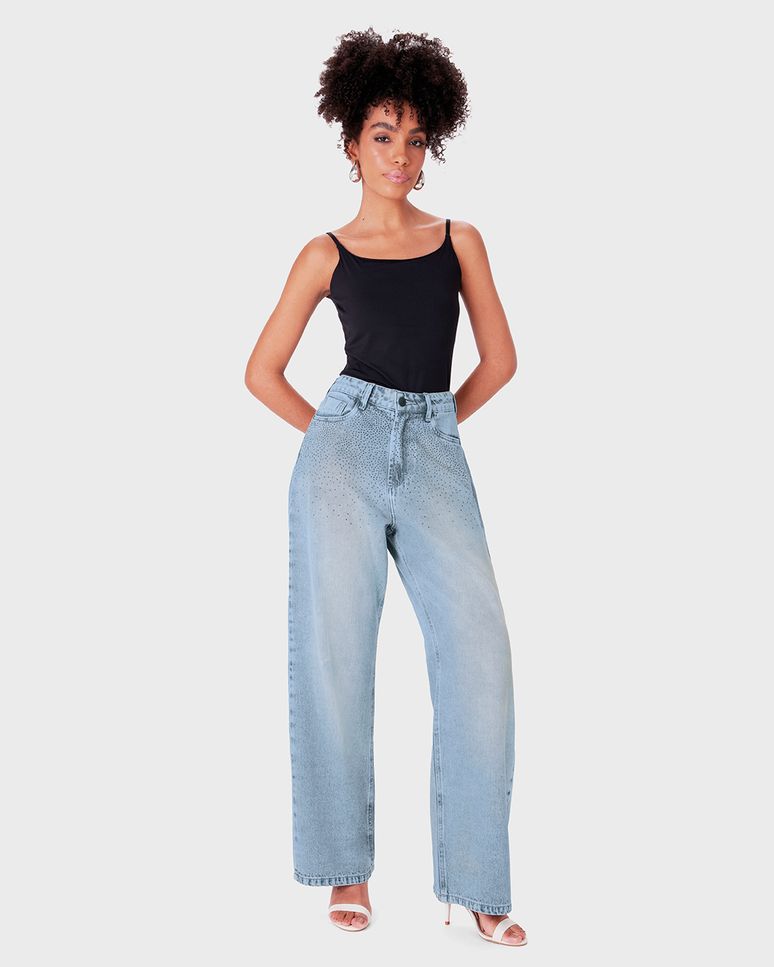 Calça Wide Leg Feminina Aplique Rebite Em Jeans 100% Algodão - ENFIM