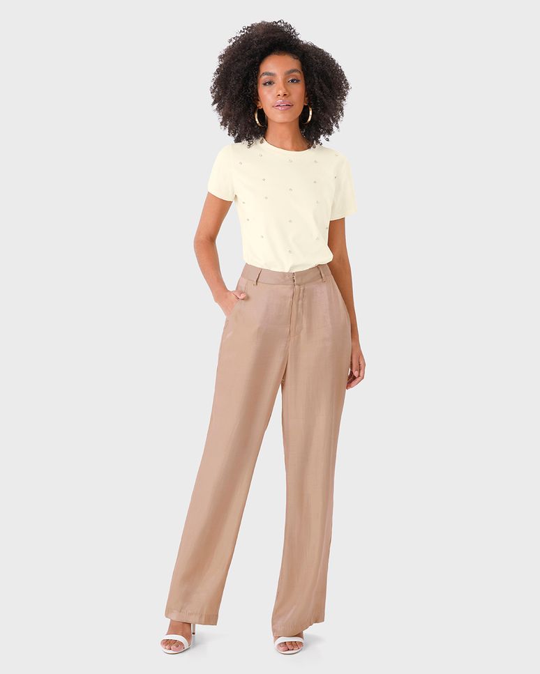 Calça Feminina Reta Bolso Funcional Em Tecido Acetinado Glow - ENFIM
