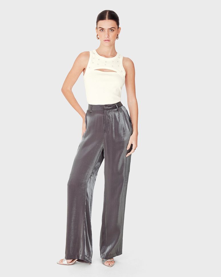 Calça Feminina Reta Bolso Funcional Em Tecido Acetinado Glow - ENFIM