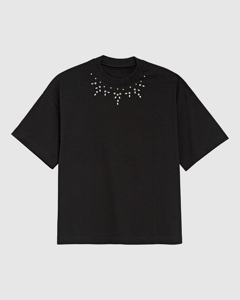 Camiseta Ampla Feminina Aplique Pedras Com Rebites Em Algodão - ENFIM