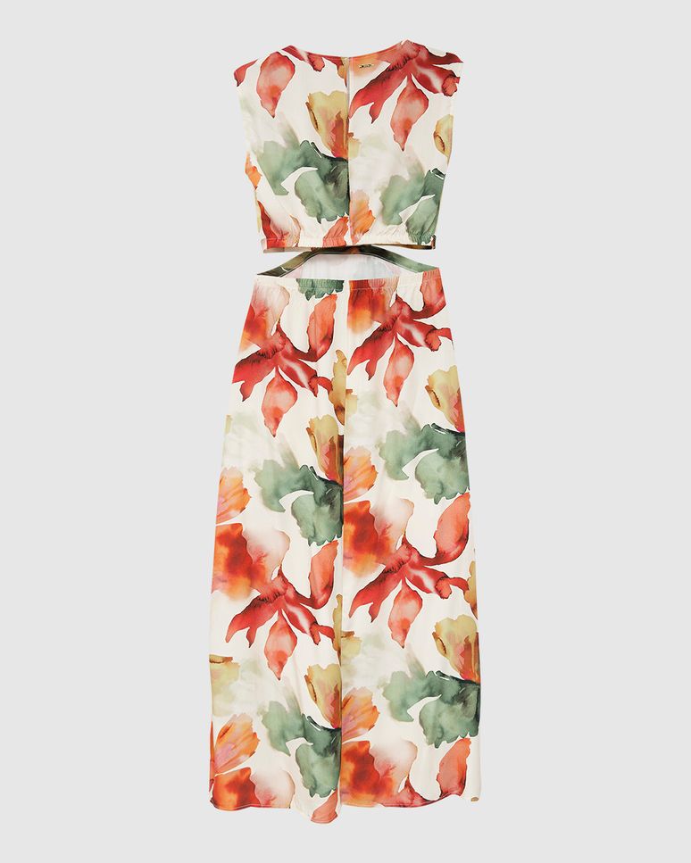 Vestido Midi Feminino Reto Floral Detalhe Vazado E Fenda Em Viscose - ENFIM