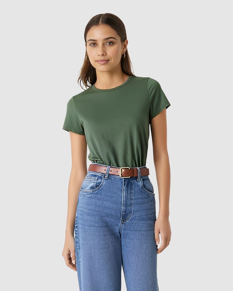 Blusa Básica Feminina Decote Redondo Manga Curta Em Malha Algodão Pima