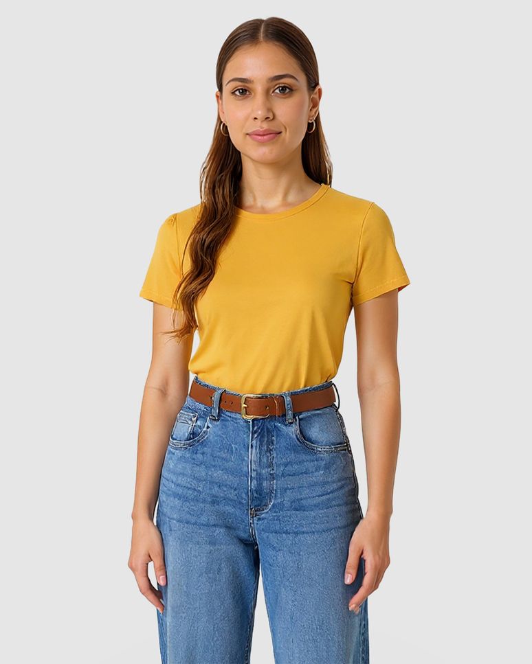 Blusa Básica Feminina Decote Redondo Manga Curta Em Malha Algodão Pima