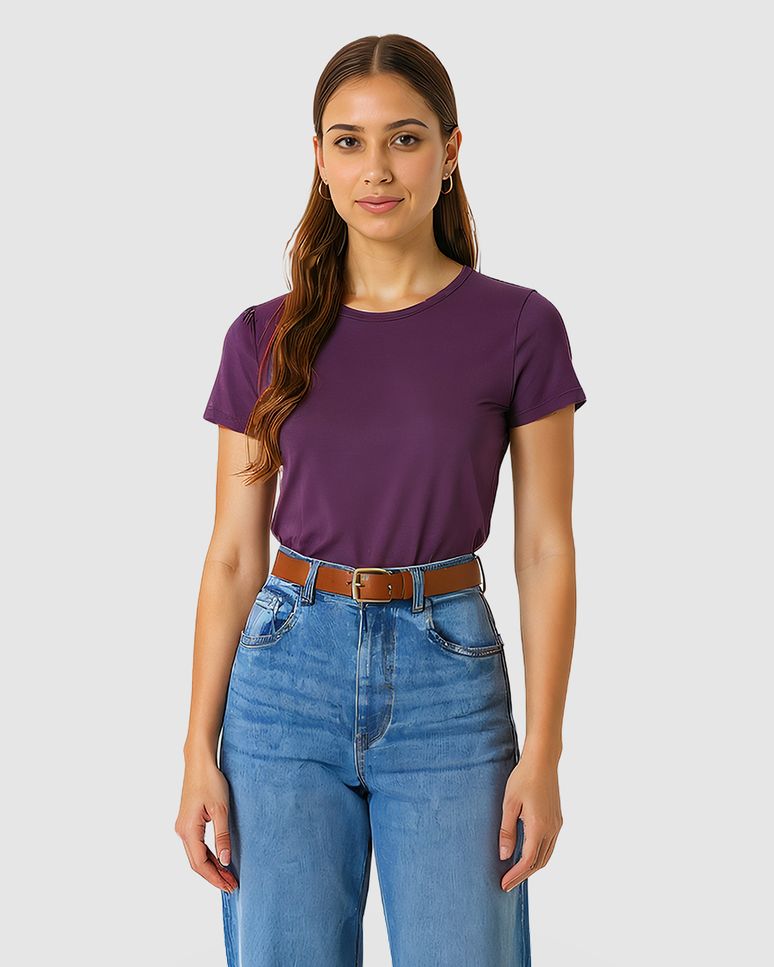 Blusa Básica Feminina Decote Redondo Manga Curta Em Malha Algodão Pima