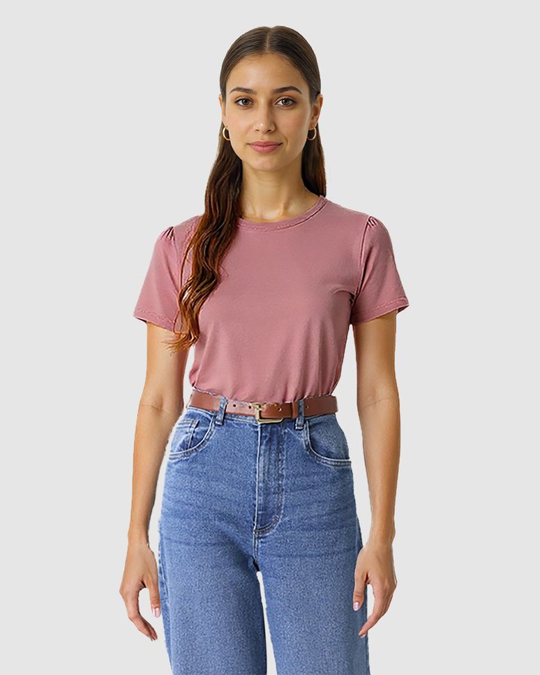 Blusa Básica Feminina Decote Redondo Manga Curta Em Malha Algodão Pima
