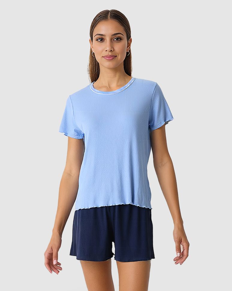 Pijama Curto Feminino Costura Filete Gola Em Malha De Viscose Canelada