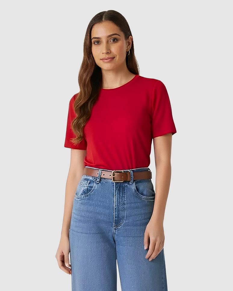 Blusa Básica Feminina Decote Redondo Manga Curta Em Malha Algodão Pima