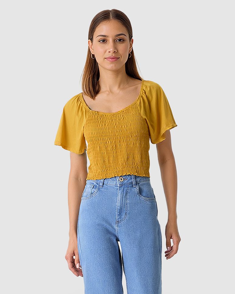 Blusa Feminina Detalhe Lastex Frontal E Manga Curta Em Algodão