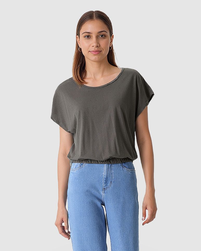 Blusa Ampla Feminina Barra Acabamento Elástico Em Malha Botonê