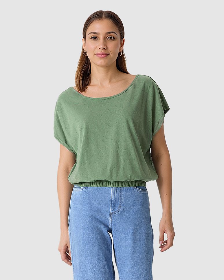 Blusa Ampla Feminina Barra Acabamento Elástico Em Malha Botonê