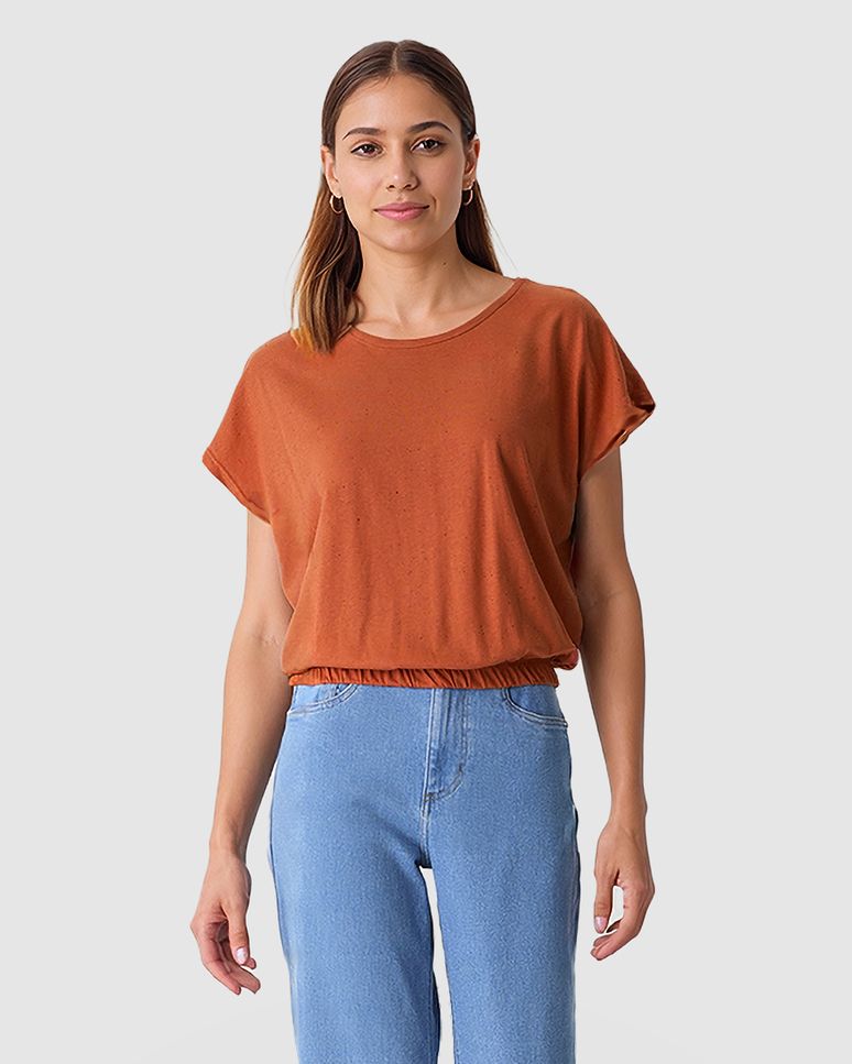 Blusa Ampla Feminina Barra Acabamento Elástico Em Malha Botonê