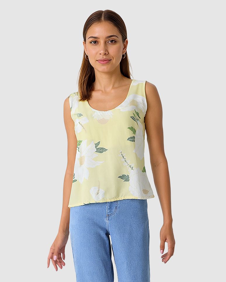 Regata Feminina Floral Decote Redondo Detalhe Costas Em Viscose