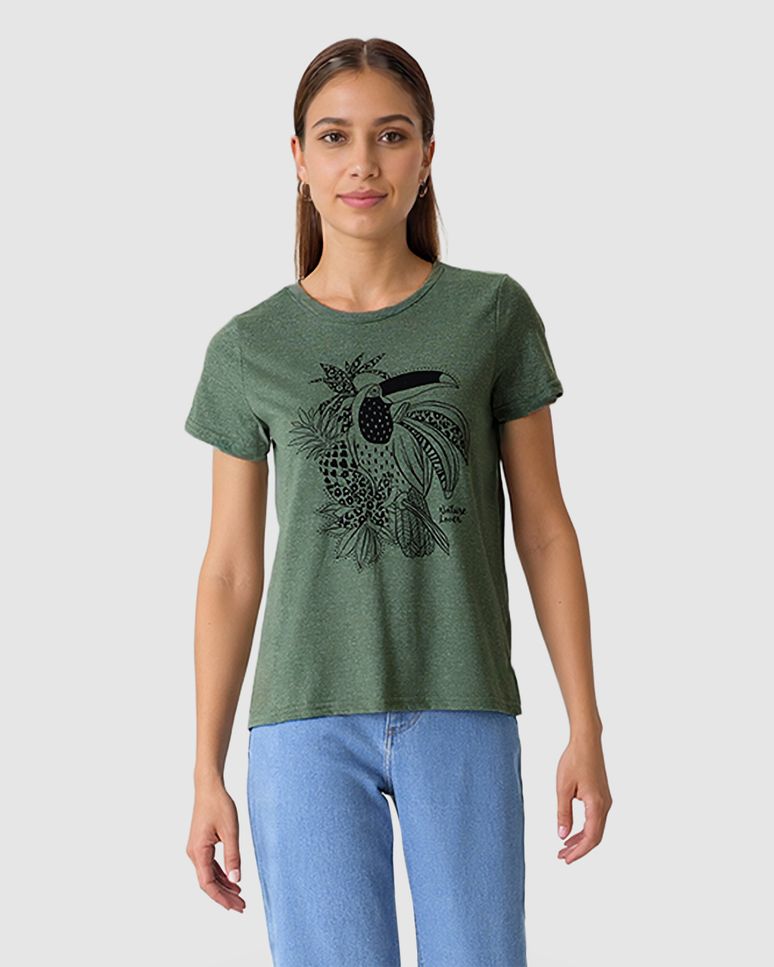 Camiseta Feminina Estampa Frontal Abertura Costas Em Malha Moulinê