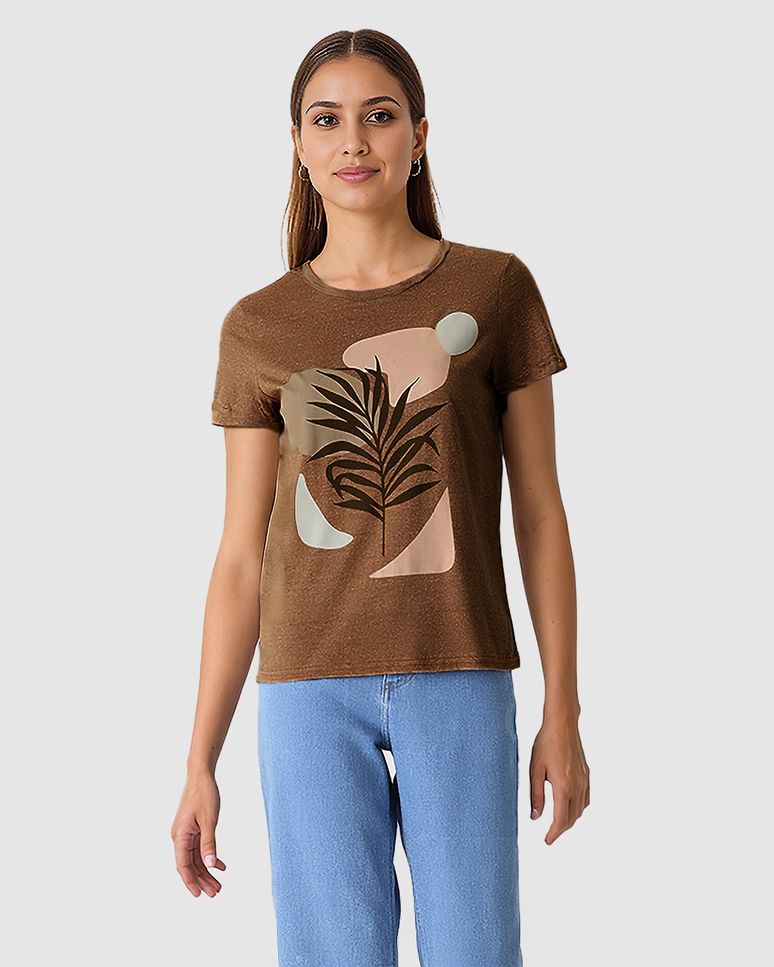 Camiseta Feminina Estampa Frontal Abertura Costas Em Malha Moulinê