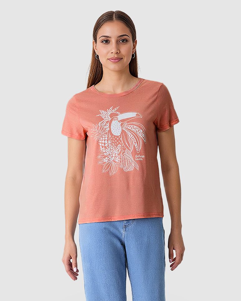 Camiseta Feminina Estampa Frontal Abertura Costas Em Malha Moulinê