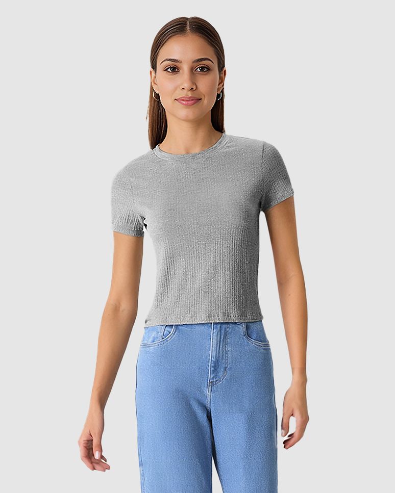 Blusa Cropped Feminina Decote Redondo Manga Curta Em Malha Texturizada