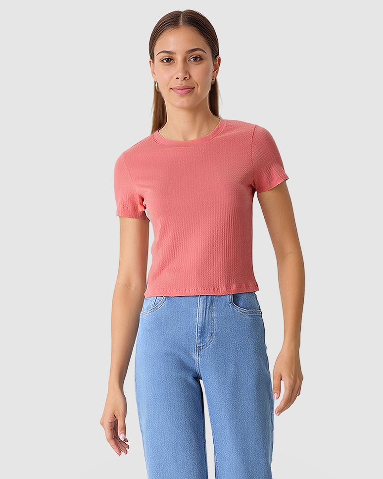 Blusa Cropped Feminina Decote Redondo Manga Curta Em Malha Texturizada