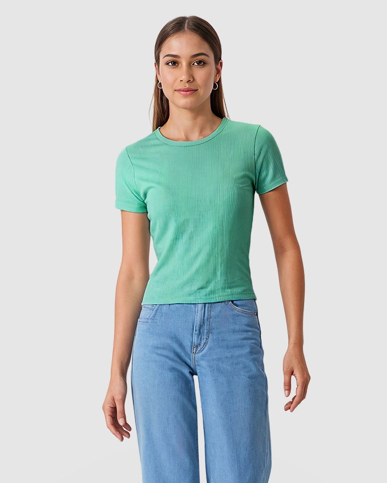 Blusa Cropped Feminina Decote Redondo Manga Curta Em Malha Texturizada