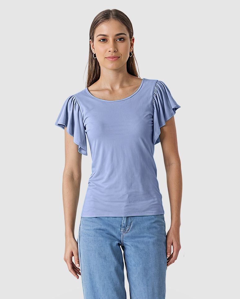 Blusa Feminina Manga Babado Frente E Decote U Costas Em Malha Viscose