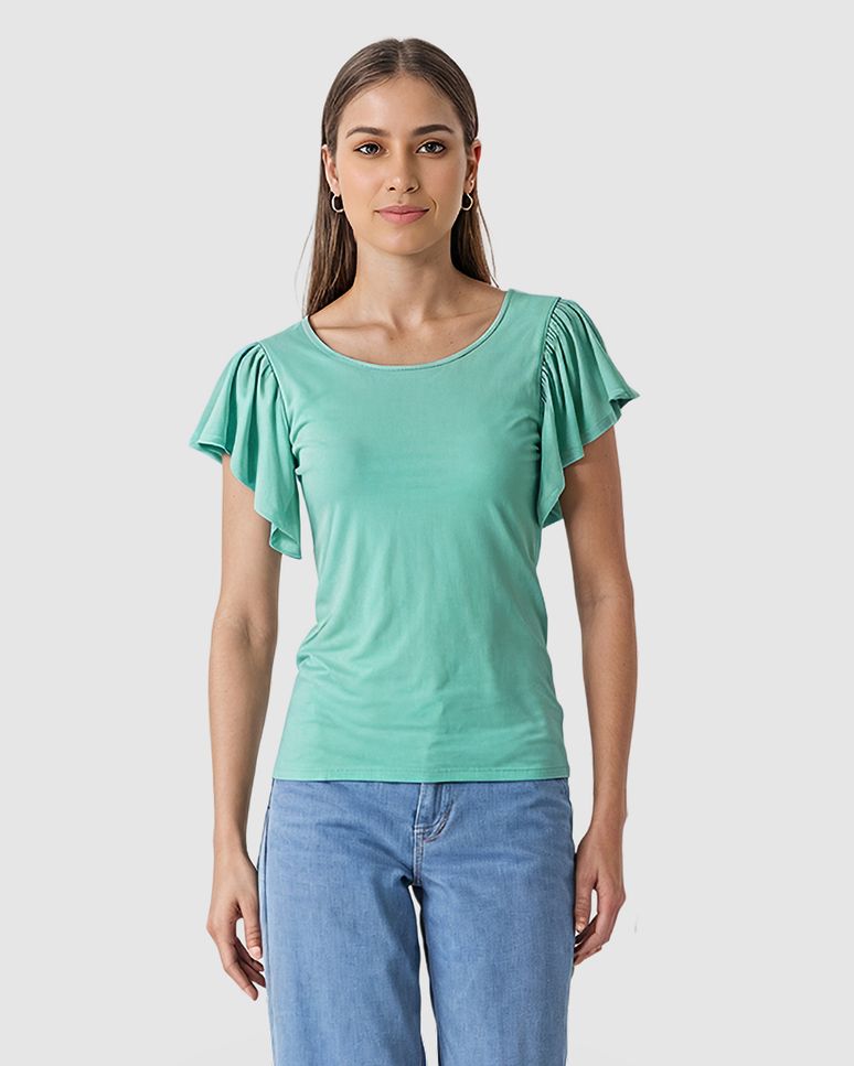 Blusa Feminina Manga Babado Frente E Decote U Costas Em Malha Viscose