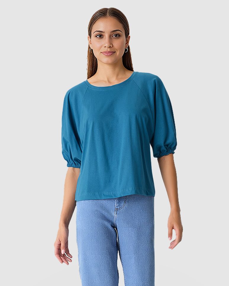 Blusa Ampla Feminina Manga Bufante Com Elástico Em Algodão