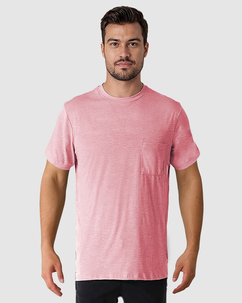 Camiseta Masculina Bolso Frontal Etiqueta Decorativa Em Malha Com Textura