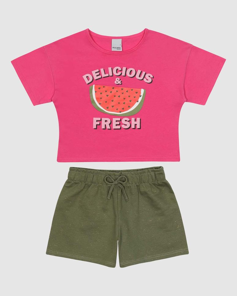 Conjunto Curto Infantil Menina Blusa Estampa Frontal Em Algodão Malwee Kids