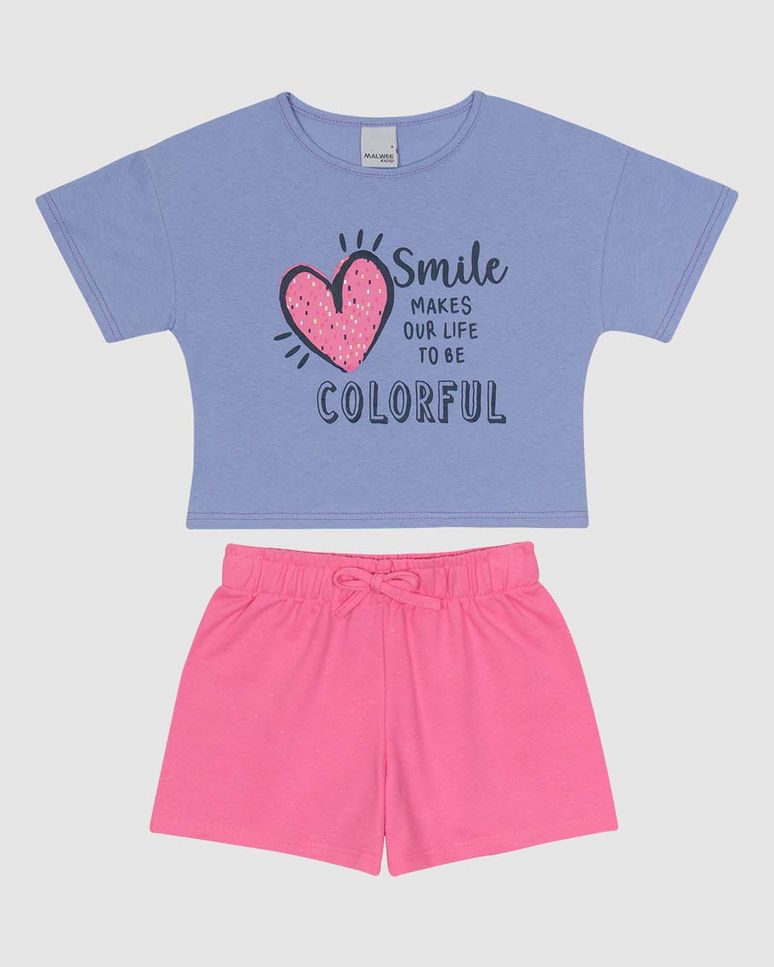 Conjunto Curto Infantil Menina Blusa Estampa Frontal Em Algodão Malwee Kids