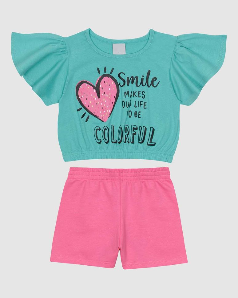 Conjunto Curto Infantil Menina Blusa Manga Curta Godê Em Algodão Malwee Kids