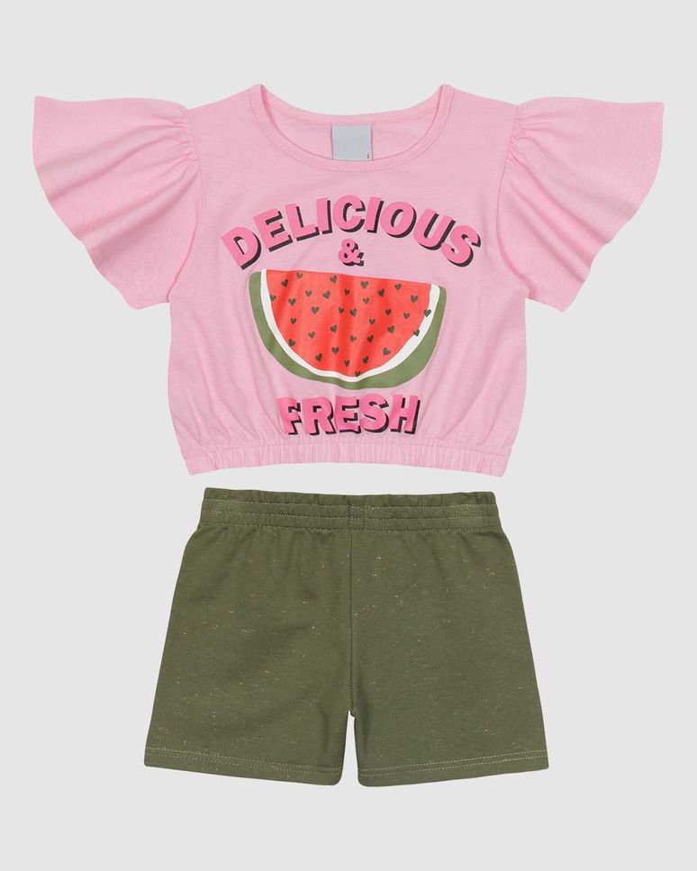 Conjunto Curto Infantil Menina Blusa Manga Curta Godê Em Algodão Malwee Kids