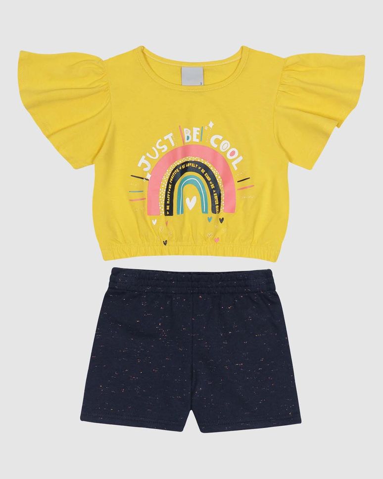 Conjunto Curto Infantil Menina Blusa Manga Curta Godê Em Algodão Malwee Kids