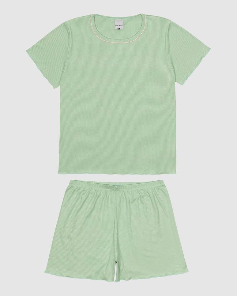 Pijama Curto Feminino Costura Filete Gola Em Malha De Viscose Canelada